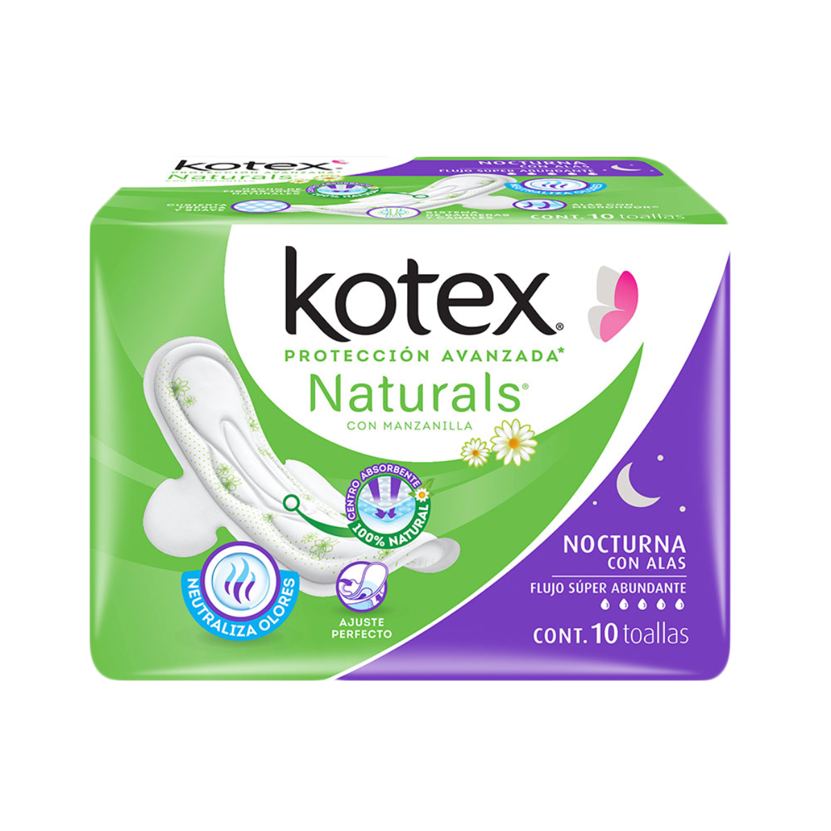 TOALLAS KOTEX NATURALS CON MANZANILLA NOCTURNA CON ALAS C/10
