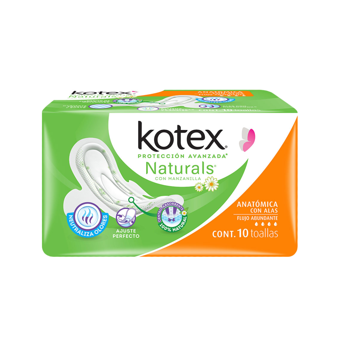 TOALLAS KOTEX NATURALS MANZANILLA ANATÓMICA CON ALAS C/10