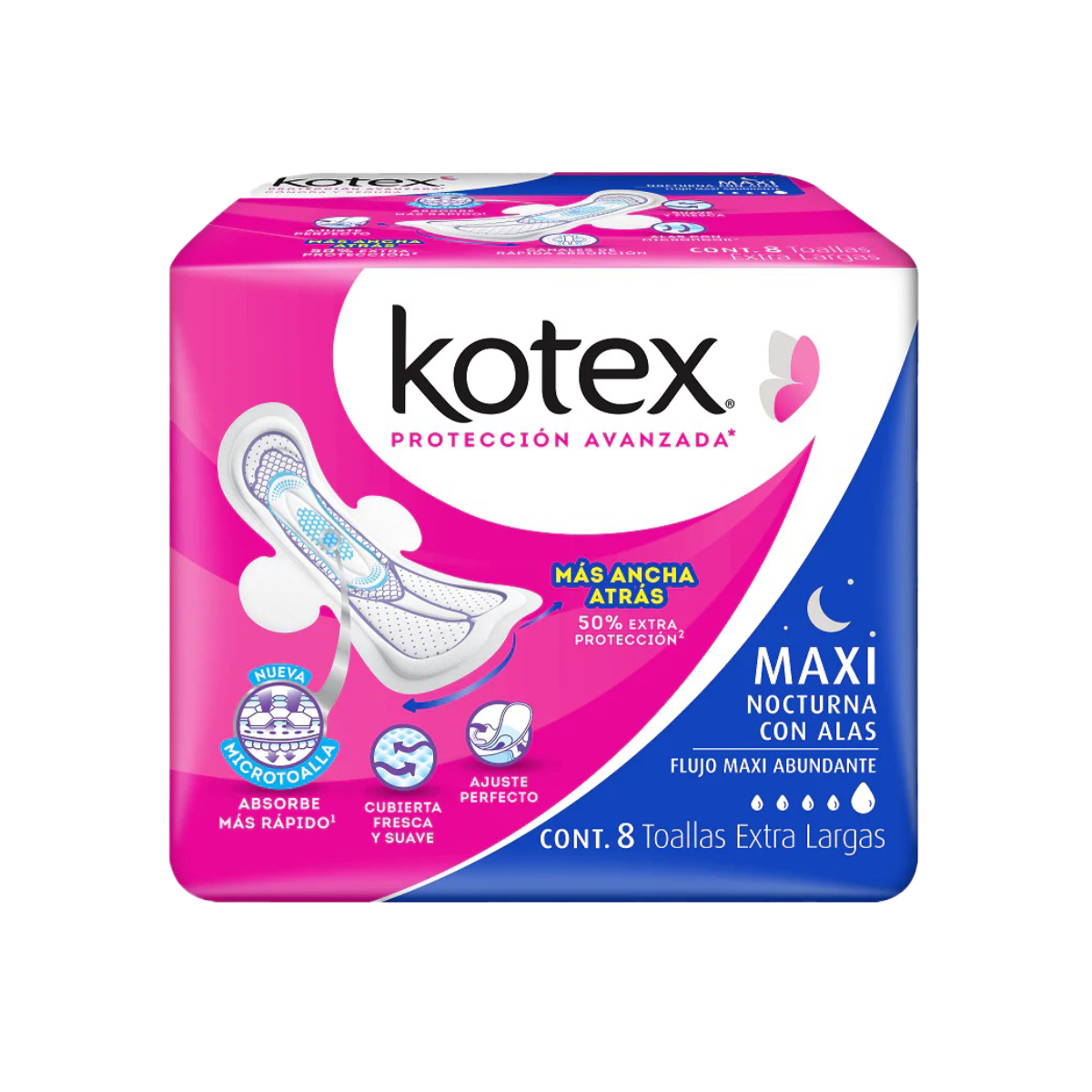 TOALLAS KOTEX MAXI NOCTURNA CON ALAS C/8